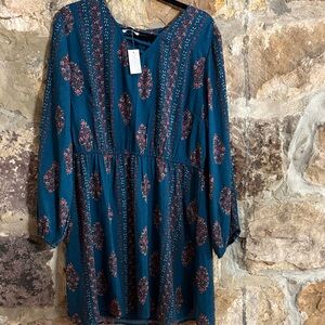 Maurices Teal and Red Floral Long Sleeve Dress